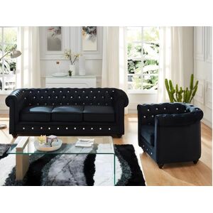 Vente unique Canape 3 places et fauteuil CHESTERFIELD velours noir et boutons effet cristal