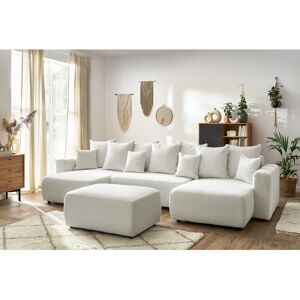 BOBOCHIC Canapé panoramique convertible coffre ENVY tissu bouclette avec pouf rectangulaire Blanc - Publicité