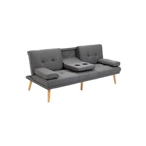 HOMCOM Canapé convertible 3 places design scandinave inclinaison dossier réglable 3 niveaux dossier central rabattable 2 porte-verres bois massif lin gris - Publicité