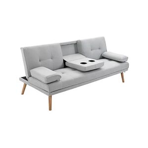 HOMCOM Canapé convertible 3 places design scandinave inclinaison dossier réglable 3 niveaux dossier central rabattable 2 porte-verres bois massif lin gris - Publicité