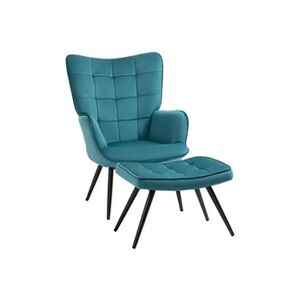 HOMCOM Fauteuil design néo-rétro haut dossier effet capitonné à oreilles - repose-pied inclus - piètement effilé acier noir tissu aspect velours bleu canard - Publicité