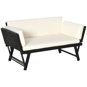 Outsunny Canapé lit de jardin extensible 3 places grand confort 4 coussins crème inclus résine tressée imitation rotin noir