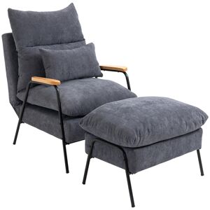 HOMCOM Fauteuil de salon avec repose-pieds avec dossier réglable, cadre en acier et oreiller dim. 68L x 91,5l x 88H cm gris