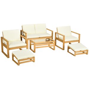 Outsunny Salon de Jardin en bois 6 pièces pour 4 personnes 2 fauteuils + 1 canapé + 1 table basse + 2 repose-pieds marron gris   Aosom France