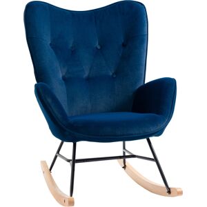 HOMCOM Fauteuil à bascule fauteuil relax  fauteuil salon oreilles grand confort aspect velours pieds bois d'hévéa métal bleu