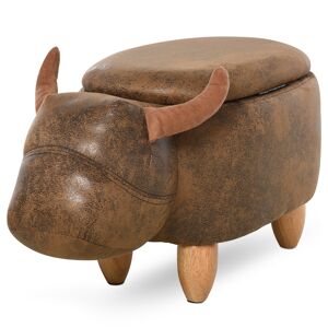 HOMCOM Tabouret de rangement buffle  animaux repose-pieds mignon amusant pour enfant bois d'hévéa tissu avec tapis antidérapant marron