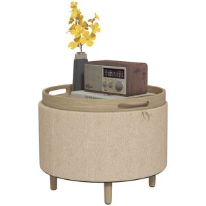 HOMCOM Pouf rond repose-pieds tabouret avec coffre de rangement, plateau réversible, meuble 3 en 1 pied en bois beige