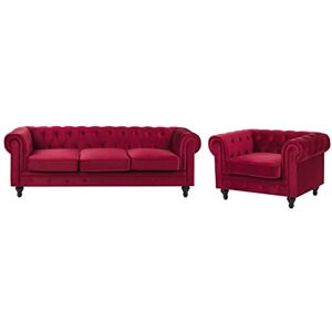 Beliani Ensemble Canapé et Fauteuil en Velours Rouge Foncé Dossier à Points Diamant Chesterfield - Publicité