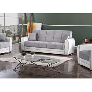 Dmora Canapé Luis, Canapé conteneur 3 places en éco-cuir et tissu, Canapé de salon en tissu rembourré avec ouverture clic-clac, Cm 220x84h91, Blanc et Gris - Publicité