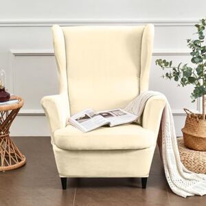 Hixingo Velours Housse Fauteuil à Oreilles, 2 Pièces Housse de Chaise Extensible, Housse de Canapé 1 Place avec Housse de Coussin, Housse de Fauteuil Lavable (Beige) - Publicité