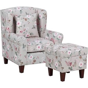 Beliani Fauteuil Bergère en Tissu Beige Clair Motif Floral Multicolore avec Repose-pied Assorti Confortable pour Salon ou Coin Lecture Traditionnel - Publicité