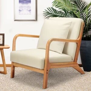YODOLLA Fauteuil d'appoint pour salon, chaise de lecture moderne avec accoudoirs en bois, coussin beige - Publicité