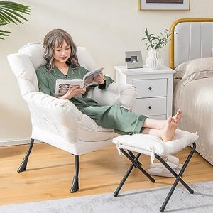 COSTWAY Fauteuil Salon Scandinave avec Repose-Pieds, Fauteuil Relax avec Oreiller et Poche Latérale, Fauteuil Chambre Confortable pour Lecture, Cadre en Métal pour Charger de 150 KG, Beige - Publicité