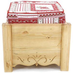 Grenier Alpin Pouf coffre de rangement pin massif sculpte Vanoise rouge Aspin Rouge 48x42x48cm