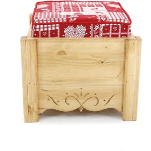 Grenier Alpin Pouf coffre de rangement pin massif sculpte Cervino rouge Aspin Rouge 48x42x48cm