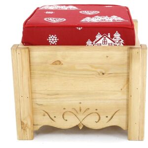 Grenier Alpin Pouf coffre de rangement pin massif sculpte coeurchevel rouge Aspin Rouge 48x42x48cm