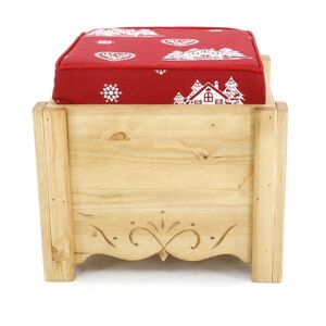 Grenier Alpin Pouf coffre de rangement pin massif sculpte coeurchevel rouge Aspin