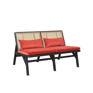 Robin des Bois Banquette chêne laqué noir cannage et velours 2 places brique Rouge 113x70x80cm