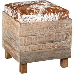 Aubry Gaspard Coffre pouf carré en bois recyclé et peau de vache Marron 40x38x40cm