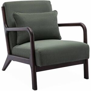 sweeek Fauteuil velours côtelé vert pieds bois d'hévéa