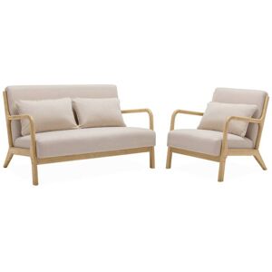 sweeek Banquette 2 places + fauteuil bois, tissu beige - Publicité