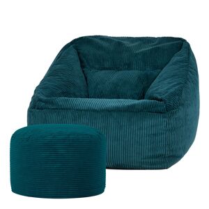 Icon Pouf fauteuil avec repose-pied rond velours côtelé bleu canard Vert 88x80x100cm