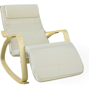 SoBuy Fauteuil à bascule avec repose-pieds réglable en bois et coton beige Blanc 66x80x68cm