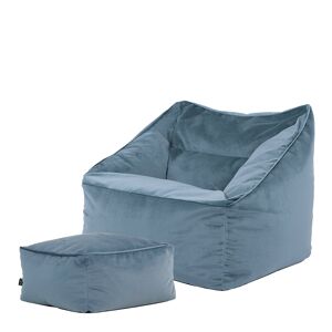 Icon Pouf fauteuil avec repose-pied carre velours bleu mineral