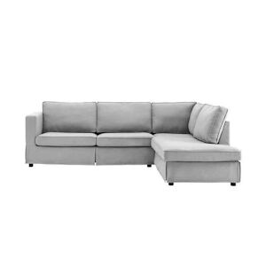 Canapé d'angle droit 4 places - Tissu gris déhoussable - Pieds en bois - L 258 x P 86 x H 90 cm - JUANA AUCUNE