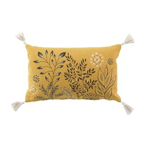 Blancheporte Coussin pompons et imprimé végétal - Blancheporte Jaune Coussin : 30x50 cm