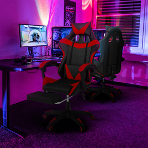 IDMarket Fauteuil gamer réglable et inclinable avec repose pied et coussins noir et rouge