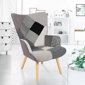 IDMarket Fauteuil scandinave IVAR en tissu patchwork noir, gris et blanc