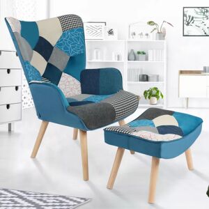 IDMarket Fauteuil scandinave velours bleu et patchwork avec repose pieds - Publicité