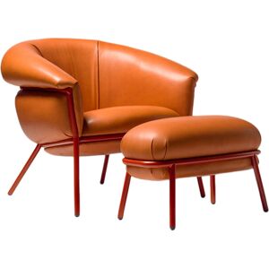 BD BARCELONA DESIGN fauteuil avec repose-pied pouf ottoman GRASSO (Dark Orange F20 et structure rouge - cuir Florida Cat. F et acier verni)