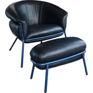 BD BARCELONA DESIGN fauteuil avec repose-pied pouf ottoman GRASSO (Black F10 et structure bleue - cuir Florida Cat. F et acier verni)