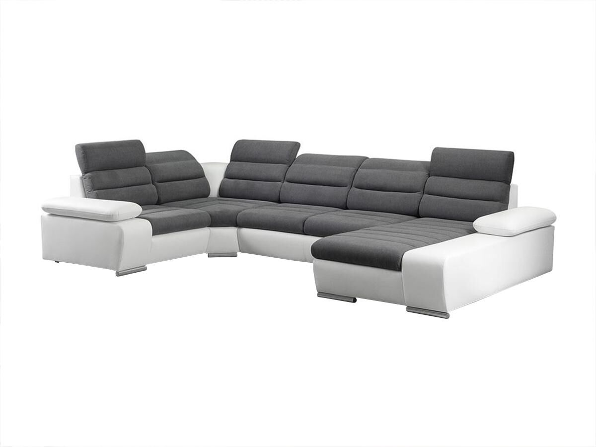 Vente-unique Canapé d'angle panoramique convertible en tissu et simili BOILEAU - Bicolore Gris/Blanc - Angle droit