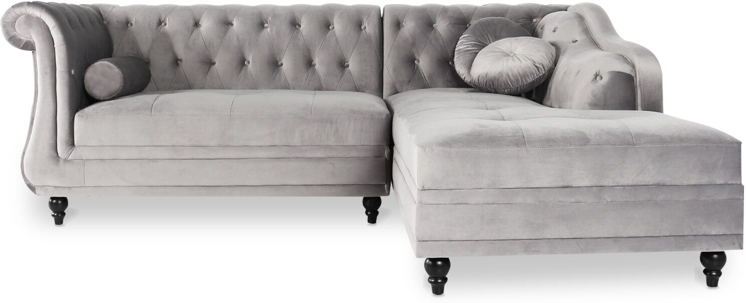 IntenseDeco Canapé d'angle droit Empire Velours Argent style Chesterfield