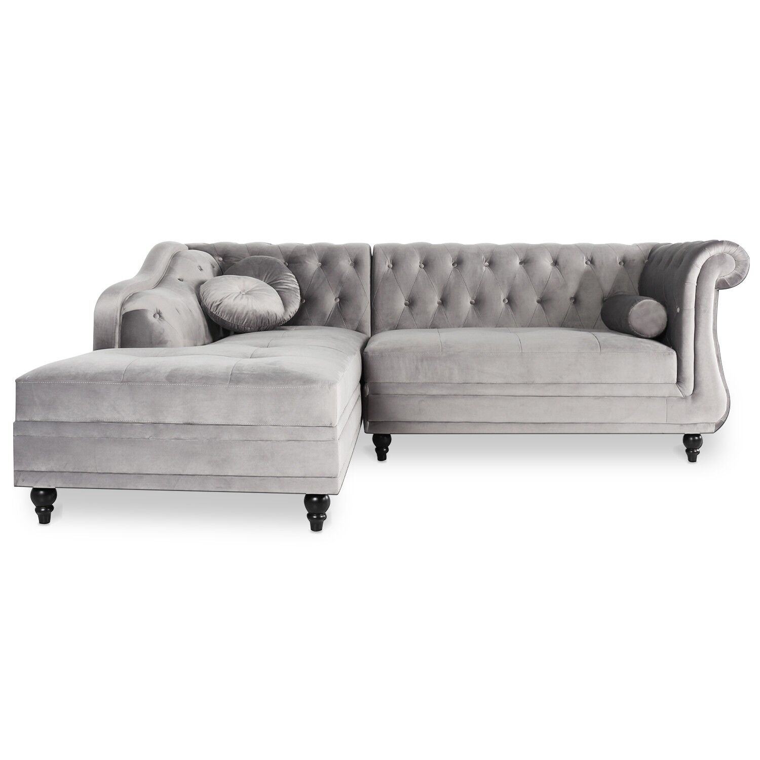 IntenseDeco Canapé d'angle gauche Empire Velours Argent style Chesterfield