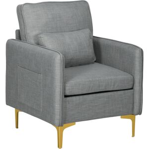 Homcom Poltroncina Moderna con Tessuto effetto Lino, Gambe in Acciaio e Tasche laterali, 72x72x90cm, Grigio