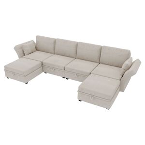 Gomyway Morbido divano componibile a forma di U con contenitore, divano letto matrimoniale, braccioli pieghevoli in tessuto, ampio divano reclinabile, Beige
