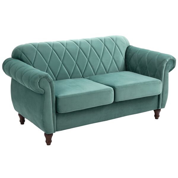 homcom divano 2 posti in legno e velluto verde, spessa imbottitura, design vintage rétro, 148 x 72 x 76cm