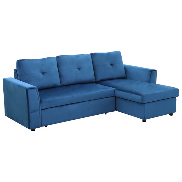 homcom divano letto angolare 3 posti effetto velluto e chaise longue con contenitore, 232x141x85cm, blu