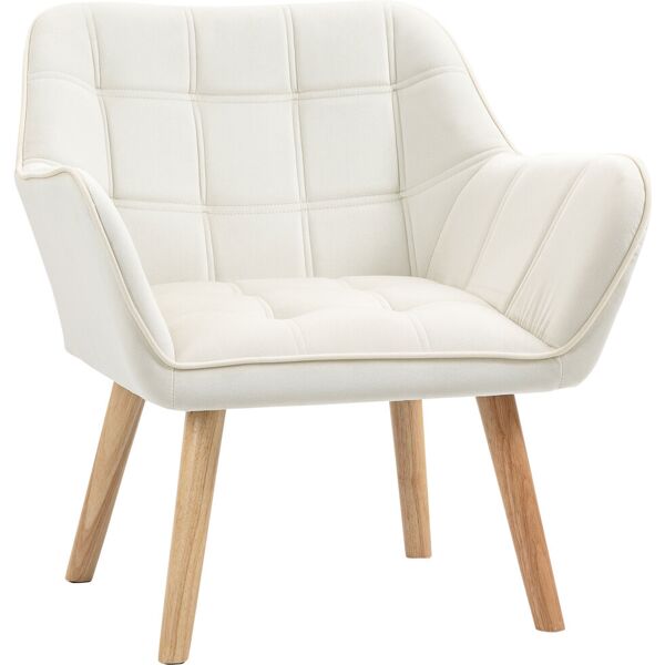 homcom poltrona design scandinava in legno ed effetto velluto crema, per soggiorno o ufficio, 68.5x61x72.5 cm