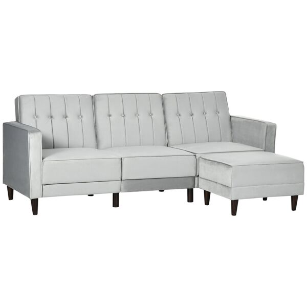 homcom divano letto 3 posti con poggiapiedi e schienale reclinabile, rivestimento velluto e seduta imbottita, 218x85x86 cm, grigio chiaro