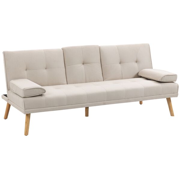 homcom divano letto 3 posti reclinabile con rivestimento effetto lino e tavolino a ribalta, beige
