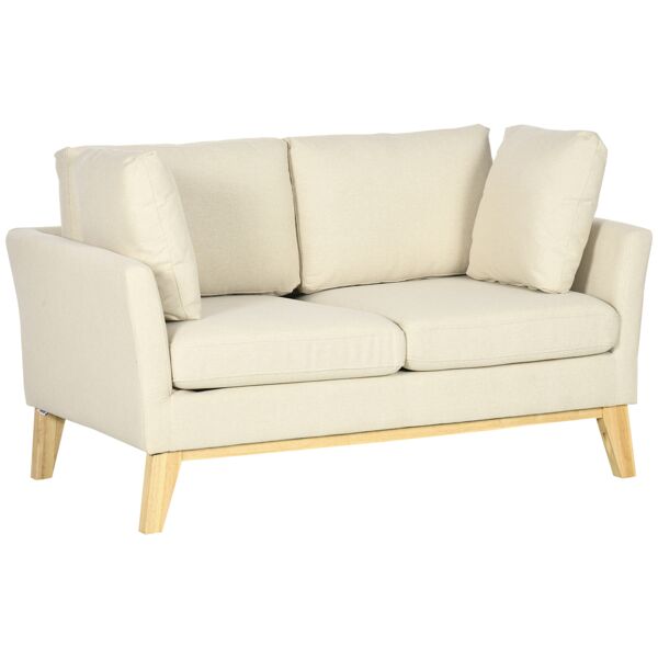homcom divano da 2 posti in legno di eucalipto e tessuto effetto lino con 2 cuscini, 137x78x78 cm, beige