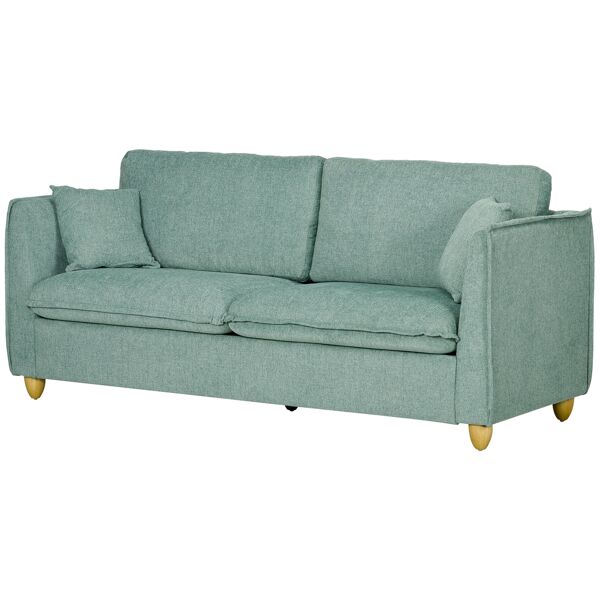 homcom divano 3 posti in tessuto stile vintage con cuscini e piedini in legno, 184x77x81cm, verde