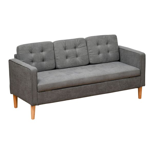 homcom divano 3 posti moderno in tessuto grigio con vano contenitore e design scandinavo, grigio, 166.5x62x82cm