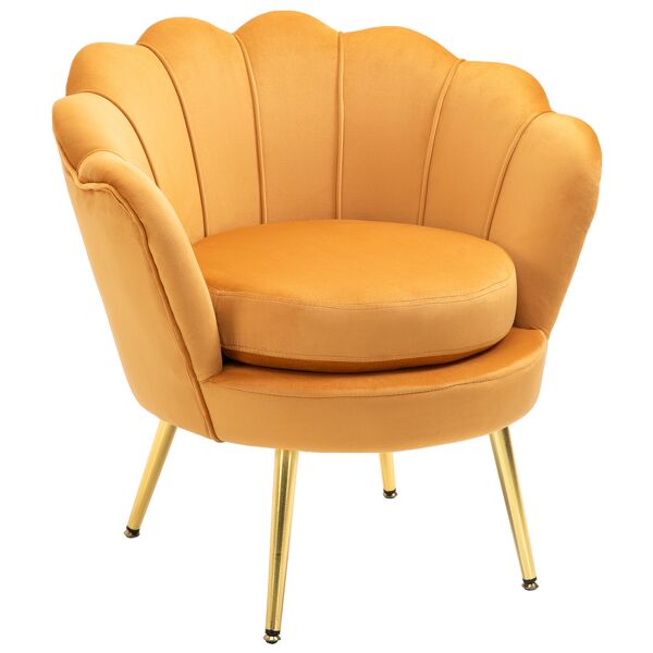 homcom poltrona vintage di design in velluto giallo, poltroncina da camera con schienale alto 76x67x74cm