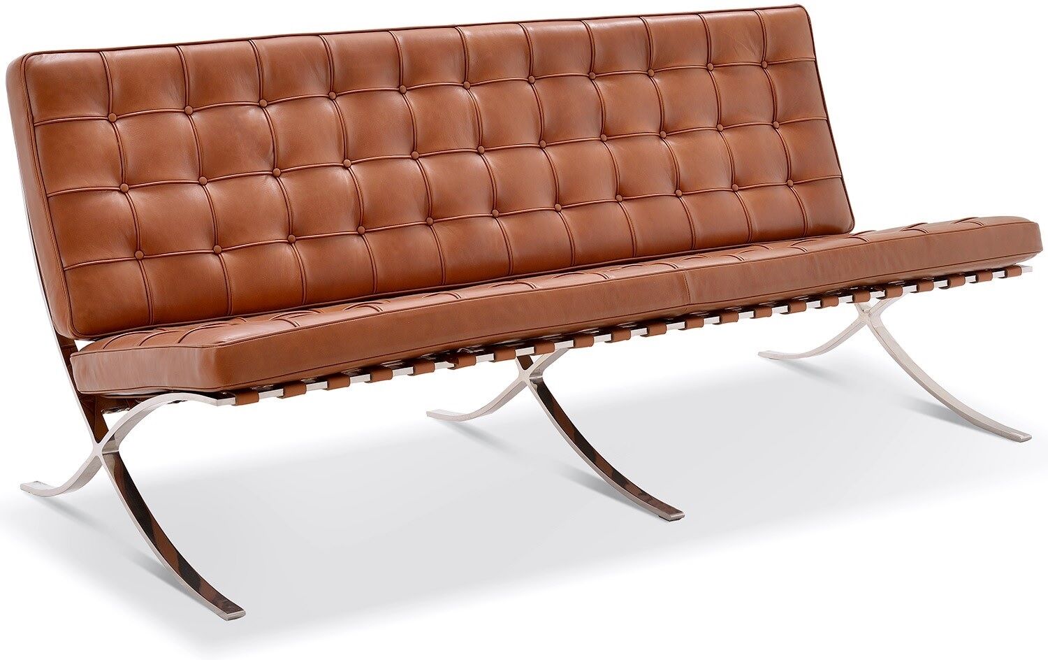 domini 3 zits bank Barcelona Pavillion 3 seat sofa cognac - 180 x 75 x 76 cm - gepolijst roestvrijstalen basis, lederen zitting